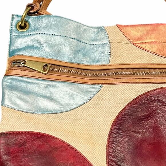 Vintage FOSSIL Leather Canvas Bag Patchwork Circles Crossbody Shoulder Logo Key - Picture 3 of 9